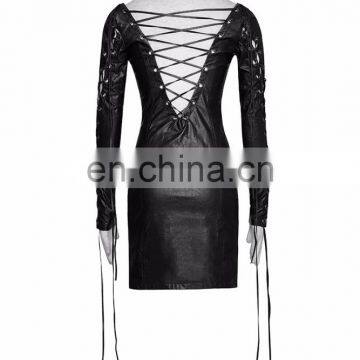 Punk Rave Gothic Fetish Black Slim Synthetic Leather Dress With Deep V-cuts Q-312 photo-3