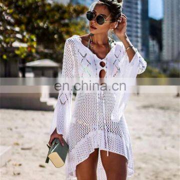 Heflashor 2019 Summer Women Casual Hollow Out Knit Dress Trumpet Sleeve Beach Coast Bikini Sun Protection Clothing Cover Up