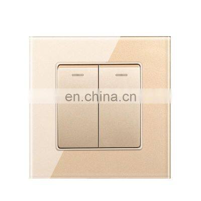 EU UK Standard Home Wall Socket Push Button On/Off Light Switch,Crystal Tempered Glass 86*86mm Wall Switch, 2 gang 2 way