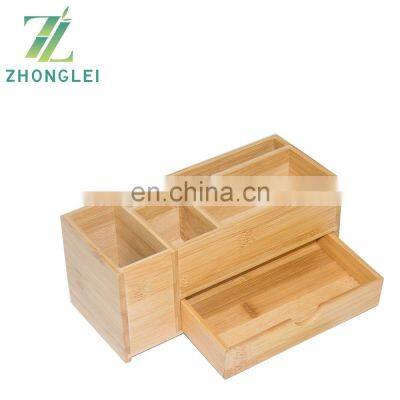 Cheap Square Bamboo Office Pen Pencil Holder for Desk Office Desktop Storage Organizer With Drawers photo-4