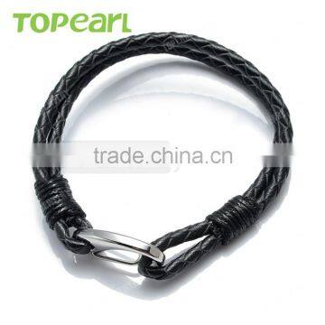 Topearl Jewelry Black Double Strand Braided Rope Bracelet Stainless Steel Clasp Bracelet MEB166