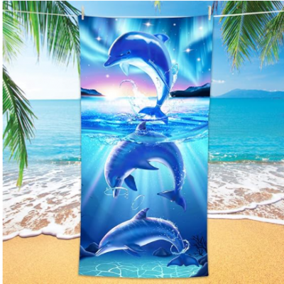 Dolphin Beach Towel, Cute Ocean Dolphins Themed Microfiber Bath Towel for Kids, Funny Abstract Animals Cartoon Sand Free Quick Dry