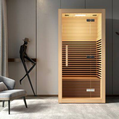 Sala de sauna de vapor húmedo interior de madera de estilo minimalista con altavoz Bluetooth y control táctil