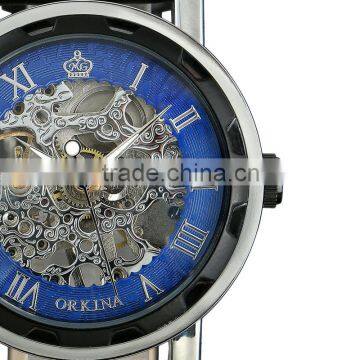 ESS Unisex Skeleton Dial Dark Blue Leather Strap Mechanical Luminous Watch WM341