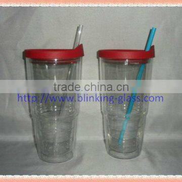 Plastic Double Wall Cup With Straw and Lid- 16OZ/21OZ
