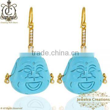 14K Gold Pave Diamond Earrings, Laughing Buddha Dangle Jewelry, Turquoise Gemstone Carving Earrings, Carving Jewelry Manufacture