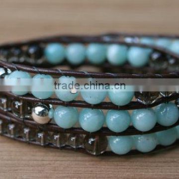 Amazonite, Sterling Silver, Triple Wrap Leather Beaded Bracelet. Semiprecious beads. Smoky Quartz, Sterling beads and button.