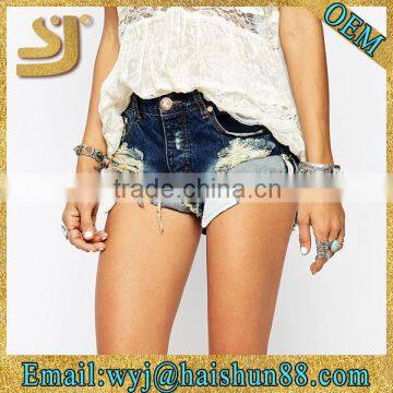 Stylish facy snow washed knit bleached new style denim shorts