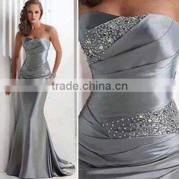 Strapless floor length soft Satin Crystal Eeaded Sexy Silver Mermaid Evening Dress