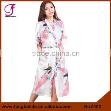 0102 Woman Peacock Printed Dressing Gown Silk Kimono Style Robe