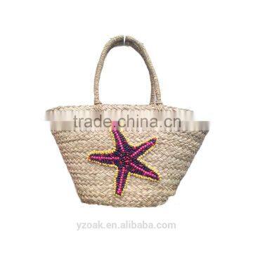 Hand embroidery navy starfish sea grass beach ECO-friendly straw bag