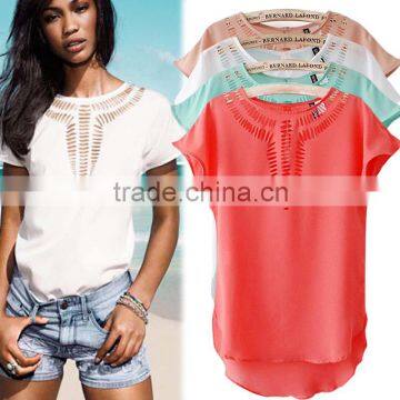 JPSKIRT1508837 2016 New style women chiffon hollow out tshirt