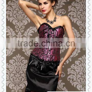 Classy Ruffled Trim Swirling Purple Pattern Corset with Front Hook and Eye Closure