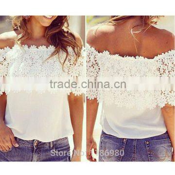 New Women Blouse Shirt Sexy Off Shoulder Casual Tops Crochet Chiffon