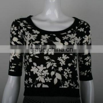 Ladies' Scoop Neck 1/2 Sleeve Pullover Knitted Sweater With Flower Print photo-3