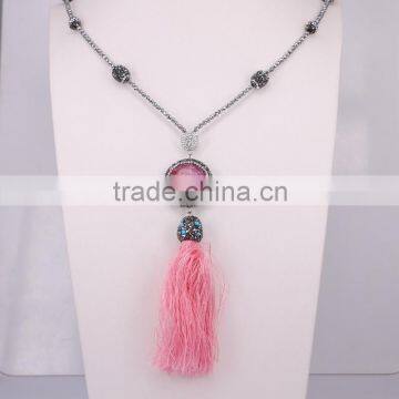 Pave Crystal Agate Tassel Pendant Necklace, with Hematite Gem stone Beaded Necklace