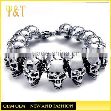 On Stock mens black skull beads bracelets, punk leather rhinestone mens skull bracelets