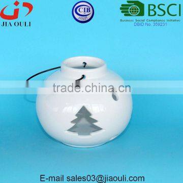 BSCI Audit Factory ball shape white ceramic Candle warmer lamp, Tea Light Lantern with Metal Handle