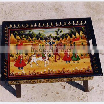 Indian Embossed Hand Painted Wooden Tray With Stand