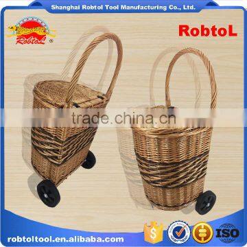 unique vintage willow weaved woven wicker shopping trolley wheels basket cart