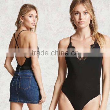 women one piece swimsuit V-Neck eyelash lace Trim fabric Bodysuit Dance Wear Leotards