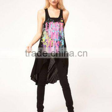 Fashion Long style Vest With Printing And Dipped Hem