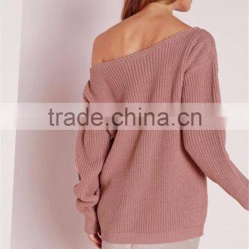 China OEM Winter Autumn Pullover Wide Neck Sweater Women Cashmere Ladies Jumpers Off Shoulder Jumper Pink