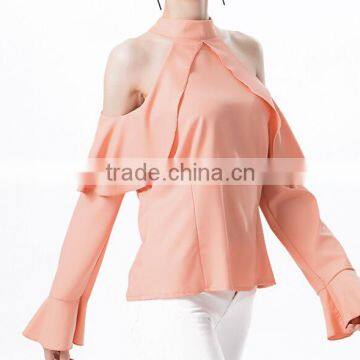 2017 fashion cut-out shoulders black ruffled ladies top