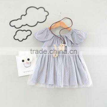 Fairy Dress Light Sky Blue and White Stripes Child Flutter Sleeve Summer Frock Chiffon Skirt