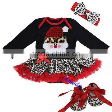 Baby Xmas Black Red Leopard Santa Long Sleeves Bodysuit Jumpsuit Pettiskirt Headband Crib Shoes NB-18M