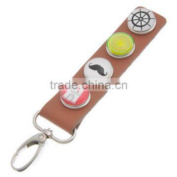 Helm&Loop&Mustache&Castle Pattern Glass Snap Button Real Leather Key Chain W/Lobster Clasp