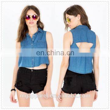 woman fashion single chest pocket cropped denim sexy cotton shirt