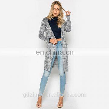 Knee length grey wholesale knitted women cadigan sweater with a hat