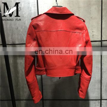 Wholesale Chinese Haining Genuine Leather Coat Woman Red Leather Jacket