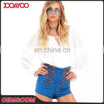 Wholesale Women Fashion Medium Wash High Waist Jean Pants Lace-up Summer Ladies Denim Shorts