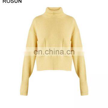 Yellow Mid Weight Roll Neck Patch Pocket Chunky Knit Sweater