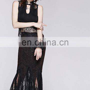 Q-257 Punk Rave Gothic Dark Red Lace Long Mermaid Skirt photo-6