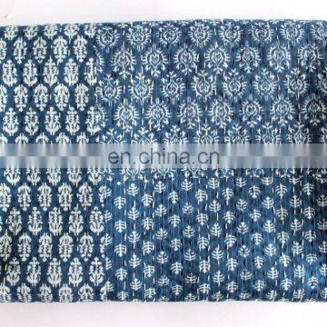 Indian Queen 100% Cotton Fabric Reversible Blue Ikat Paisley Handmade Kantha Quilt Bedspread Thorw Bedcover Textile Boho