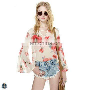 T-B520 Stylish Flower Chiffon Loose Fit Tops Flare Sleeve Casual Blouse for Woman