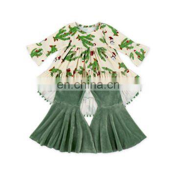 Cute Baby Christmas Green Stripe Flamingo Pom Pom Tunic And Bell Bottoms Girls Boutique Clothing Wholesale Children Clothes USA photo-4