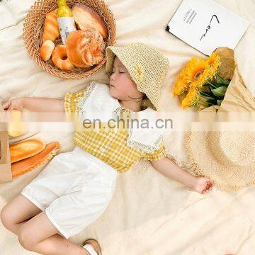 8278/Original Brand Luxury Kids Shirt Baby Girls Boutique Fresh Plaid Top With Lace Turn Down Collar photo-2