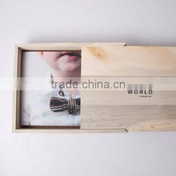 Natural color sliding lid solid wooden keepsake box for photo accept OEM