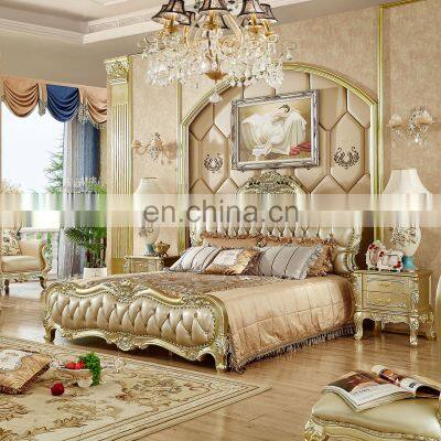 Classic Golden Hand Carved Bedroom Set Camas Wooden Frame King Beds