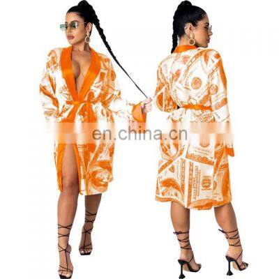 Dollar Money Print Women Sleepwear Satin Silk Pajama Robes Satin