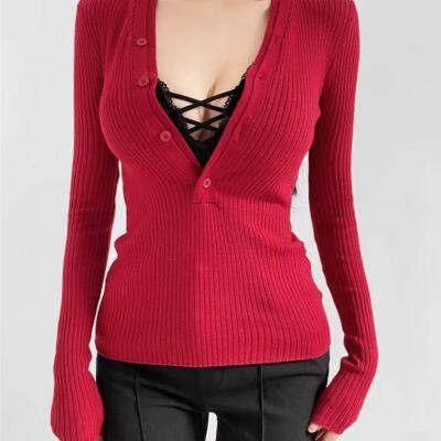 Pure Desire Style Sexy V-neck Slim Knitted Shirt Spring New Style Spicy Girl Style Lace Inner Long Sleeve Bottom Top photo-4