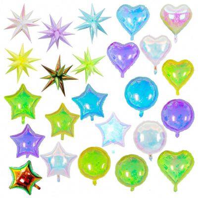 New Transparent Balloons Colorful Gradient Heart Star Foil Balloons Iridescent Explosive Star Birthday Disco Party Balloon