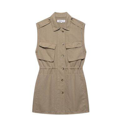 2025 Spring/Summer New European and American Style Women's Fashion Casual Pocket Decoration Sleeveless Short Dress