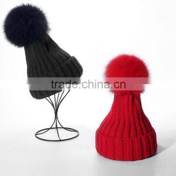 Wholesale Fashion Ladies Printed Real Fur Detachable Pom Pom Beanie Cap