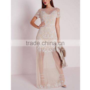Premium Embellished Cap Sleeve Mesh Maxi Dress Nude photo-2