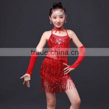 2016 Children Dance Dresses Sequin Outfit with Sleeves Girls Dance Latin Dress Latin Dance Kids Tassel Fringe